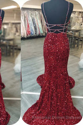 Glittery Mermaid Red Sequin V-Neck Lace-Up Back Semi Formal Prom Dress Gala Gown